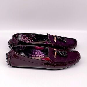 Ted Baker HARLII Plum Patent Leather Calf Hair Tassel Accent Driving Loafers